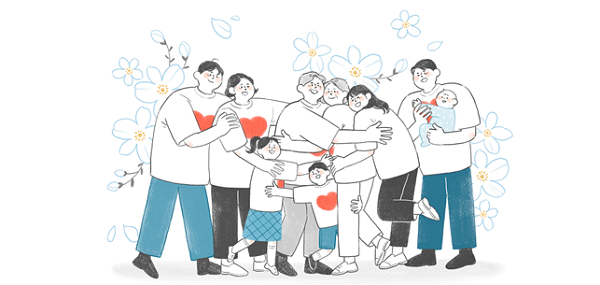 할머니, 할아버지, 아이, 어른 등. 다양한 가족 구성원들이 서로서로를 끌어안고 있는 일러스트
